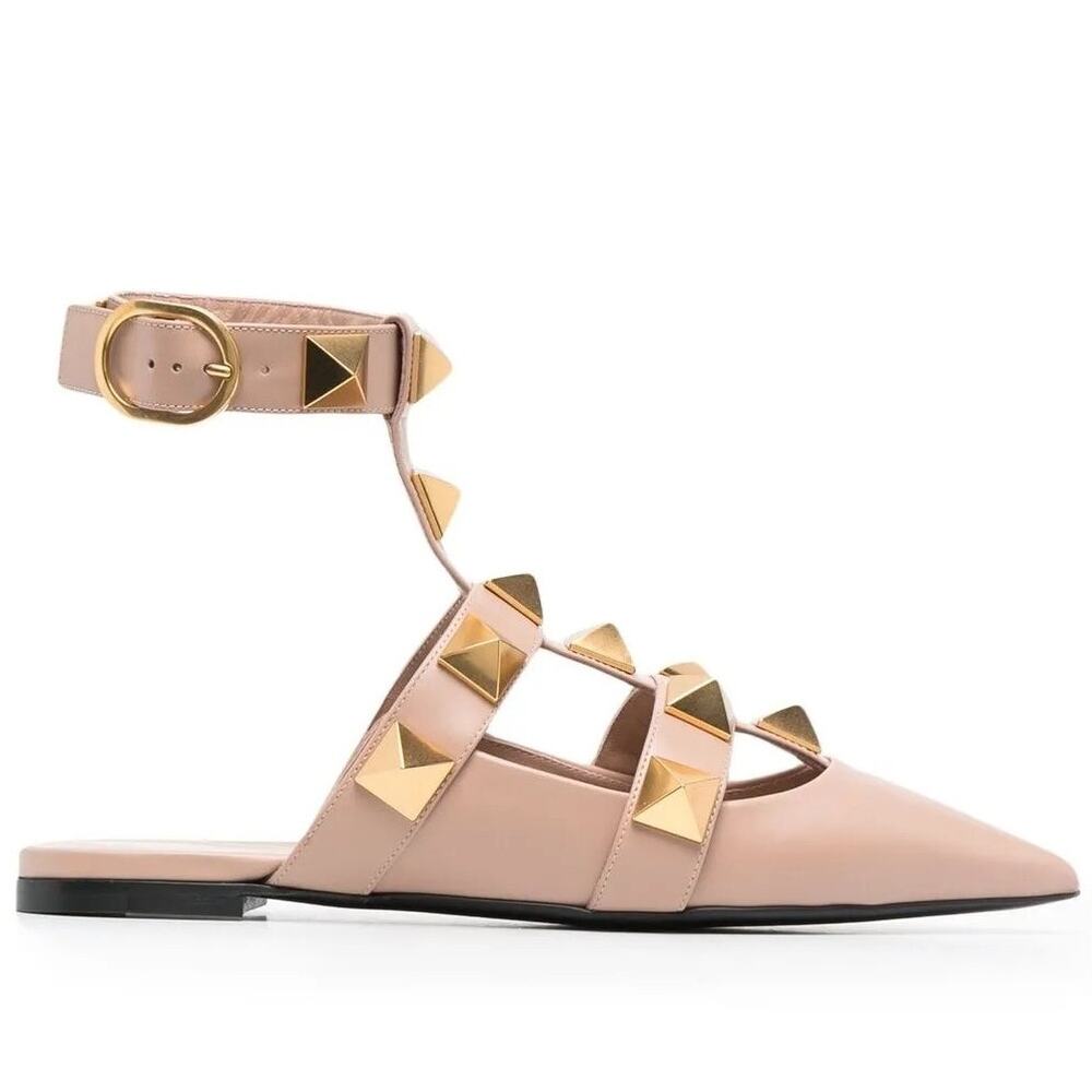 Valentino Garavani Beige Roman Stud Ballerina Flat Ankle Strap 36
